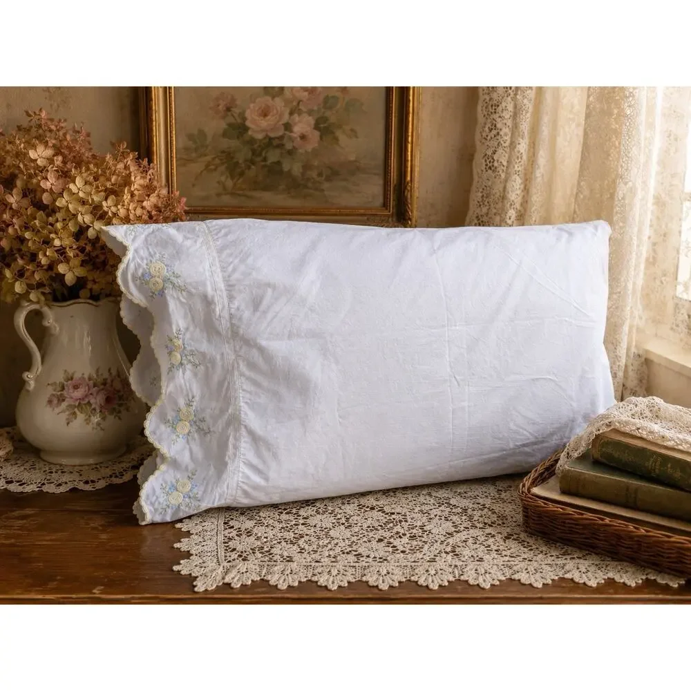 Vintage Hand Embroidered White Yellow Cotton Pillow Cover 31x22